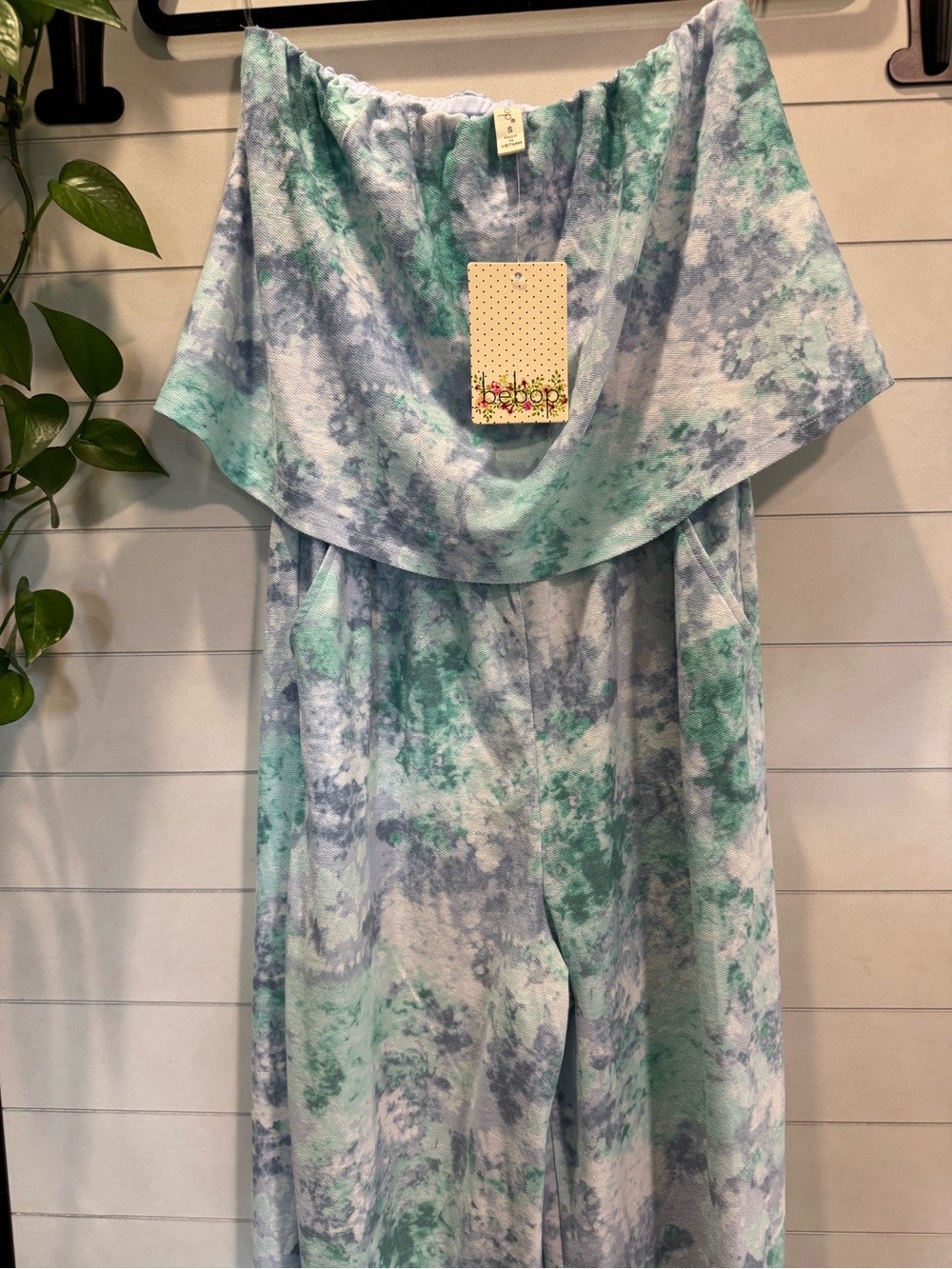 BeBop Strapless Tie-Dye Jumpsuit in Aqua and Gray